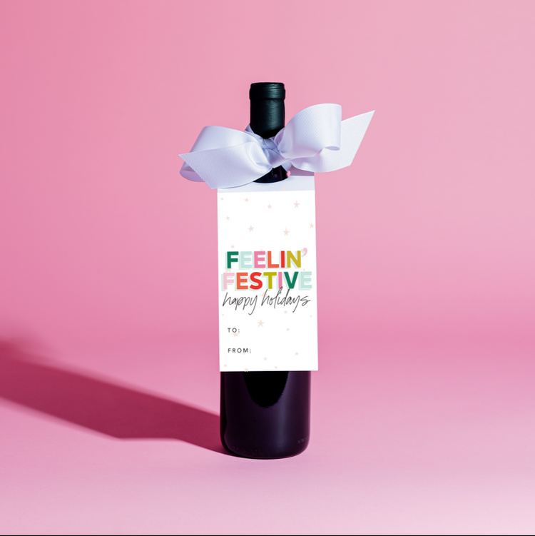 Feelin' Festive Happy Holidays! Wine Tag and Ribbon